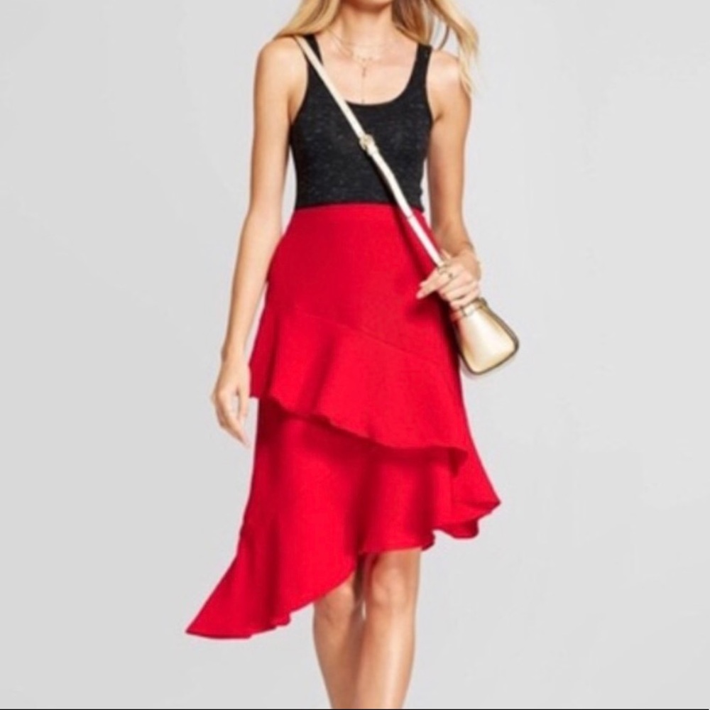 a new day Red Asymmetrical Ruffle Midi Skirt NWT